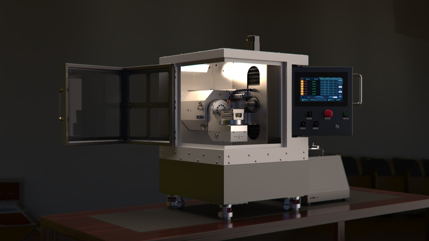 BUTOOL enclosed five-axis CNC example with its front door open; Basic is supplied without an enclosure